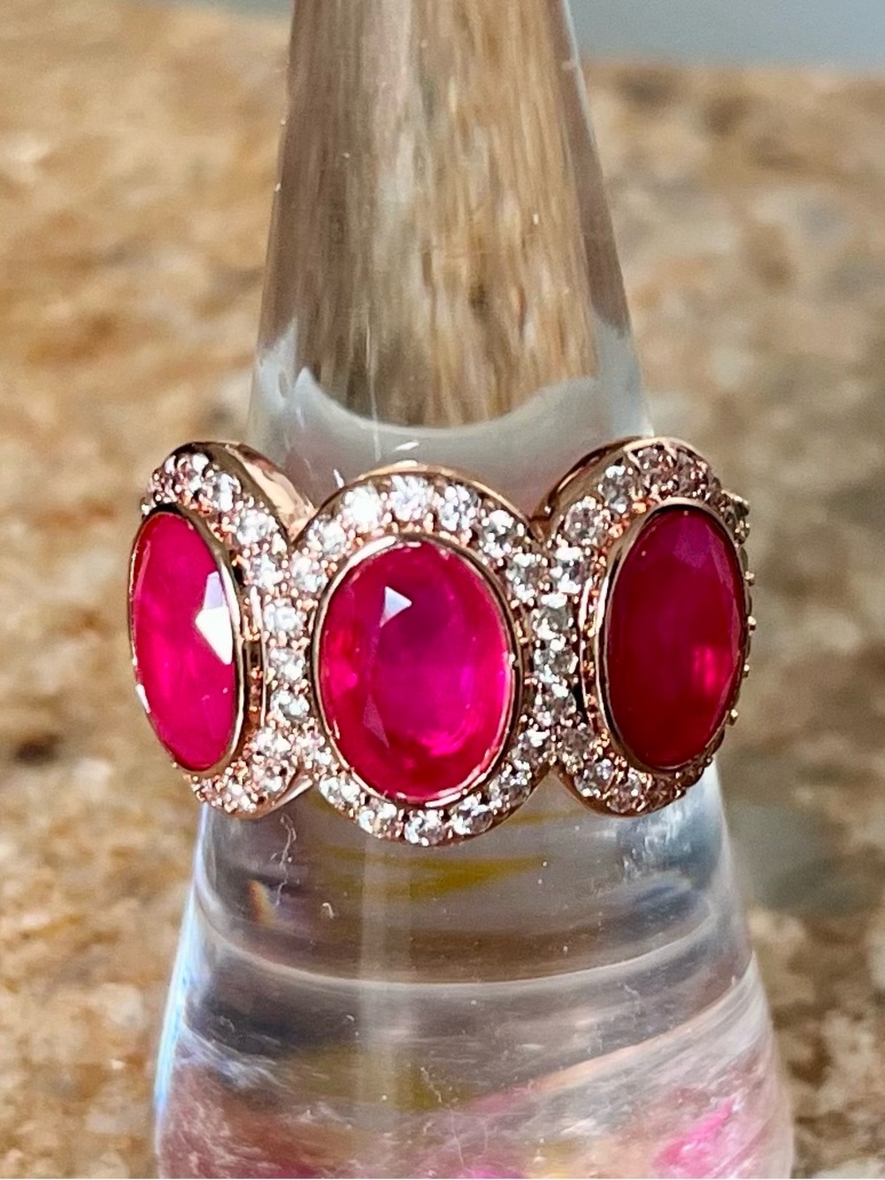 BP RG43771 Three-Stone Pink Sapphire Ring with Pavé Halo on Rose Gold